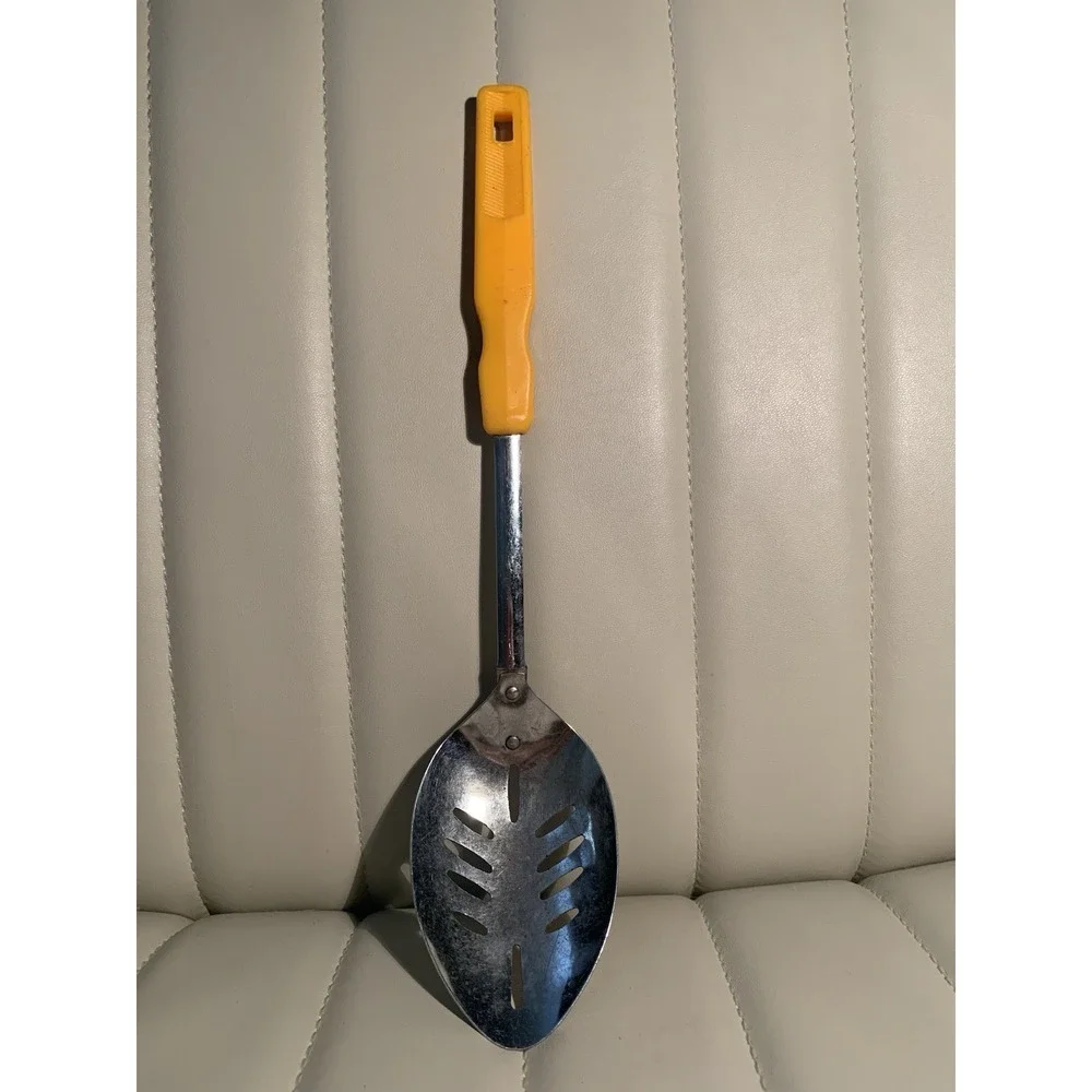 Vintage Kitchen Slotted Serving Spoon Utensil with Yellow Handle Made in Japan